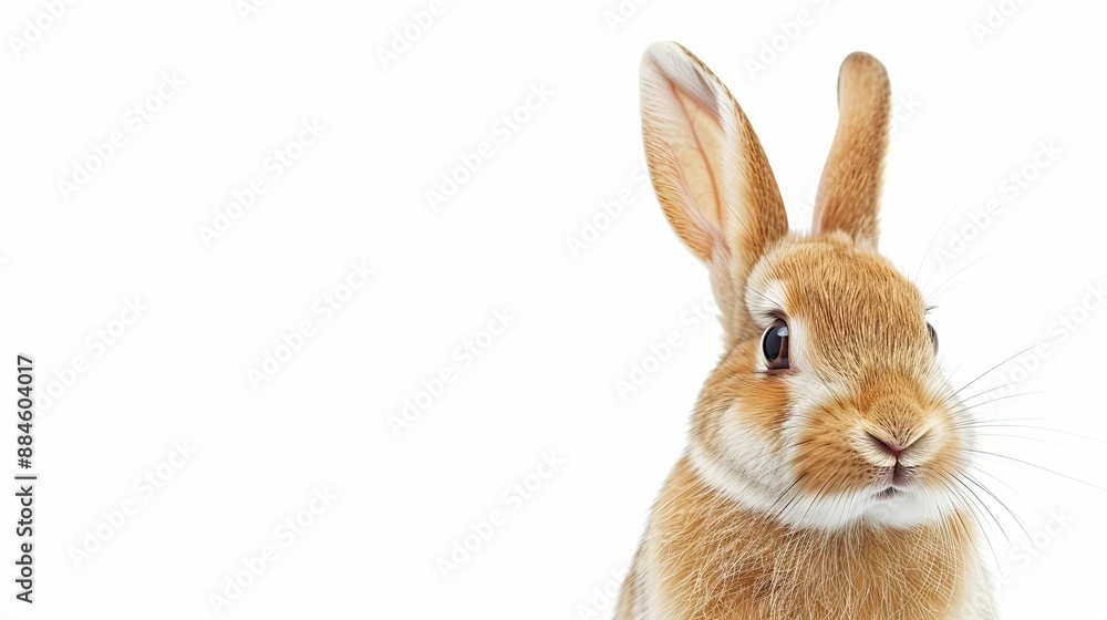 Fototapeta premium Curious rabbit with perked ears, looking at the camera, isolated on a white backdrop