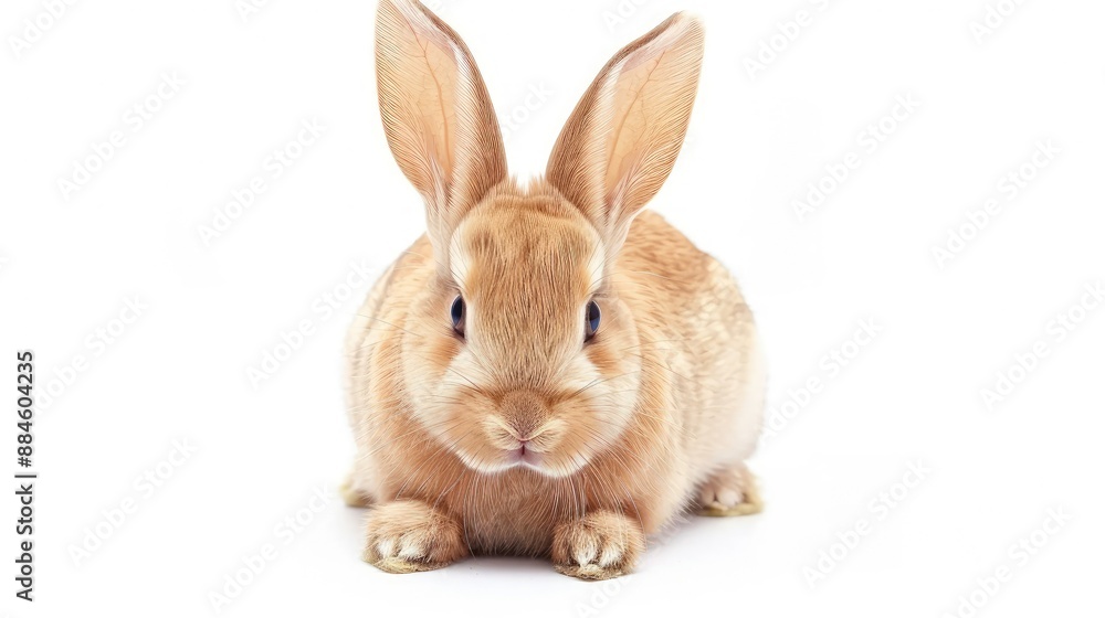Obraz premium Cute rabbit with ears perked up, gazing curiously at the camera, isolated on white
