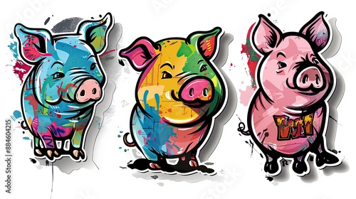 Graffiti stickers collection, isolated cartoon pig, white background, vector graphics in clip art style,   generated AI