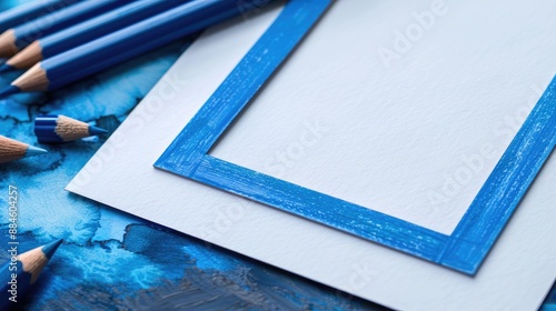 Hand drawn blue frame on white paper with Colleen colored pencils Created on Canson Fine Face Paper