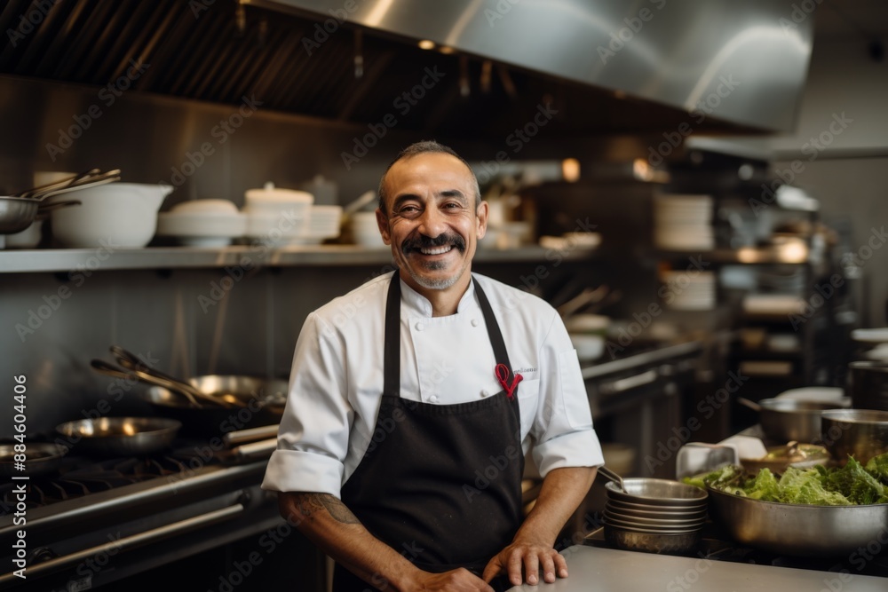 Portrait of a smiling hispanic male chef in kitchen Portrait of a smiling hispanic male chef in kitchen