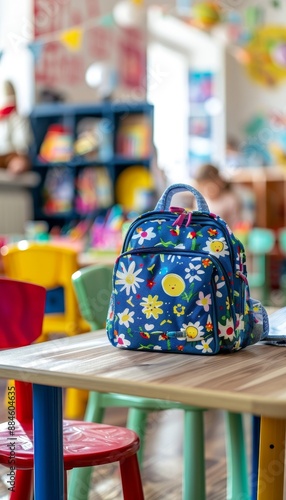 Colorful school backpack on table, kids in blurred classroom backgroundback to school concept. photo