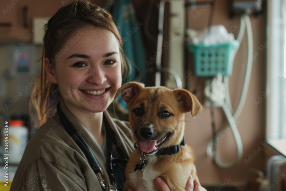 Smiling portrait of a young female veterinarian with dog at clinic Smiling portrait of a young female veterinarian with dog at clinic