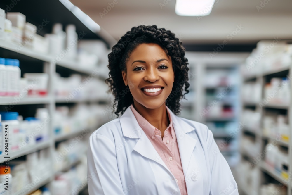 Smiling portrait of a middle aged female pharmacist in pharmacy Smiling portrait of a middle aged female pharmacist in pharmacy
