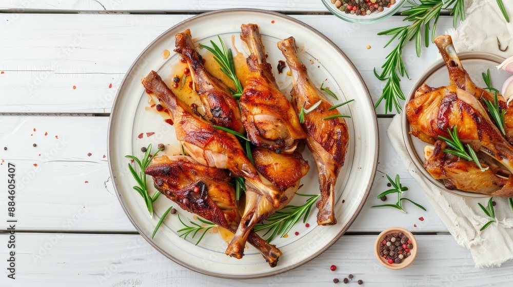 Rabbit confit with crispy skin on a white wooden table, flat lay arrangement Rabbit confit with crispy skin on a white wooden table, flat lay arrangement