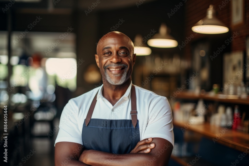 Portrait of a middle aged African American male barista smiling in modern cafe Portrait of a middle aged African American male barista smiling in modern cafe