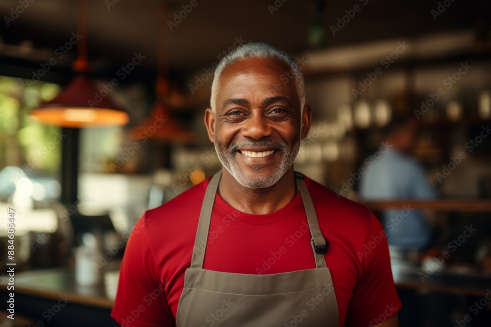 Portrait of a middle aged African American male barista smiling in modern cafe Portrait of a middle aged African American male barista smiling in modern cafe