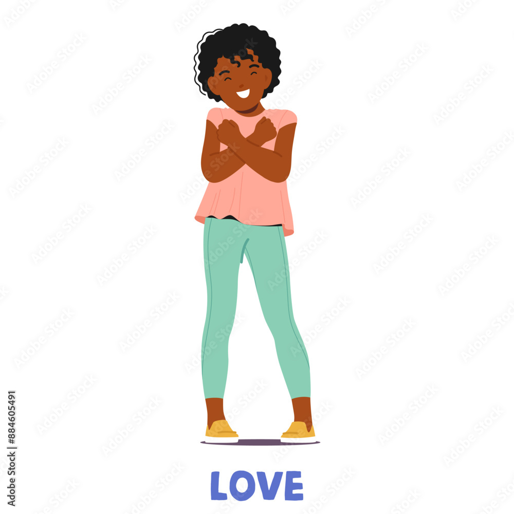 Happy Child Expressing The Sign For Love In Sign Language. Cartoon Vector Black Child Girl Character Is Smiling