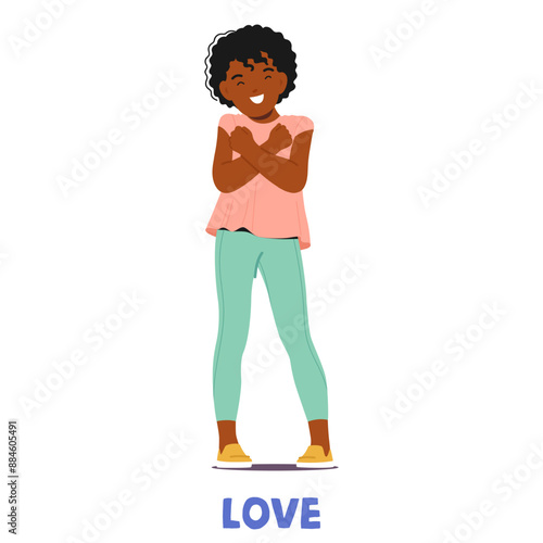 Happy Child Expressing The Sign For Love In Sign Language. Cartoon Vector Black Child Girl Character Is Smiling