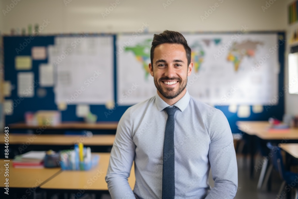 Fototapeta premium Smiling portrait of a young male elementary school teacher
