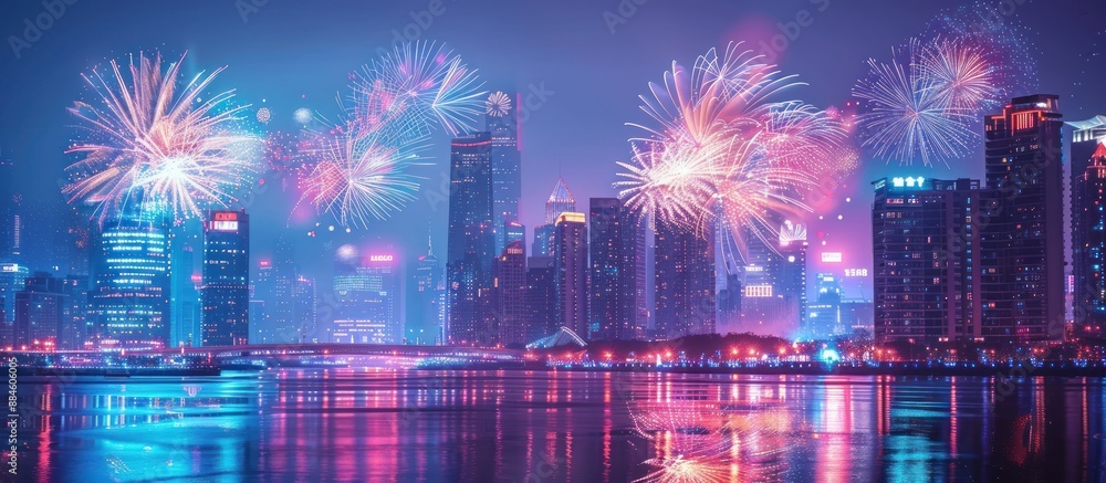 Fototapeta premium Cityscape with Fireworks Over a River