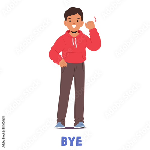 Boy Smiling And Waving Goodbye In Sign Language. Little Kid Character Conveying A Friendly And Cheerful Communication