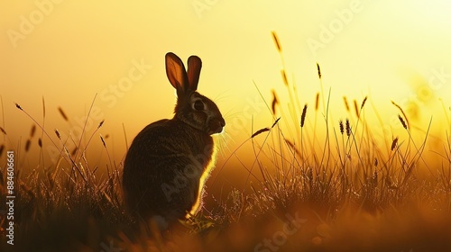 Silhouette of a rabbit in a peaceful evening meadow, with the last light of day7 photo