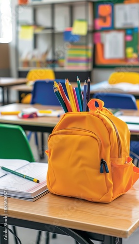 Vibrant school backpack and supplies on table, blurred backgroundback to school concept photo