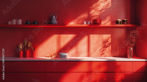 Red kitchen unit with simple utensils on display in a modern, monochromatic red kitchen. A warm sunlight casts over the countertop in the morning.