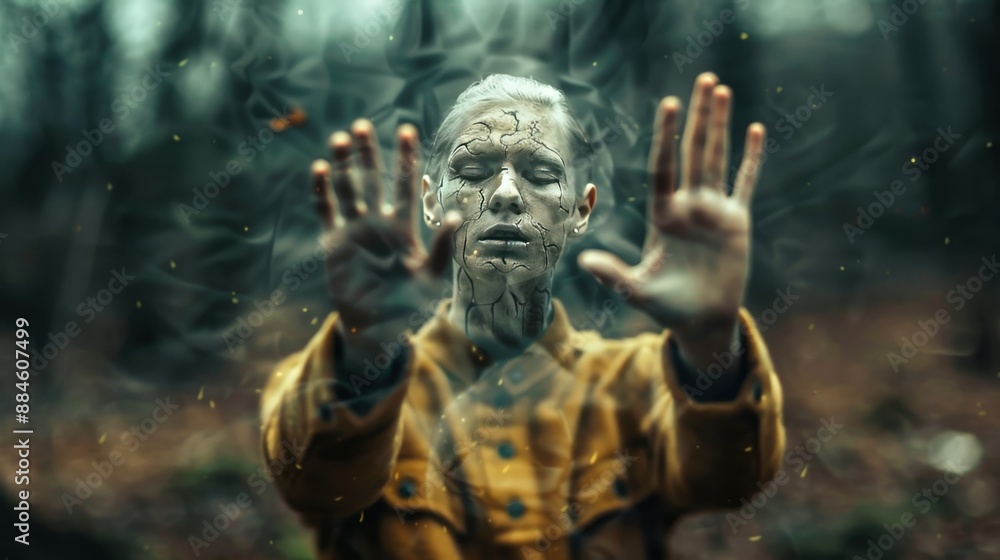 A man in a yellow jacket is looking through a window, with his hands raised in front of his face. The image has a surreal and dreamlike quality, with the man's reflection appearing distorted A man in a yellow jacket is looking through a window, with his hands raised in front of his face. The image has a surreal and dreamlike quality, with the man's reflection appearing distorted