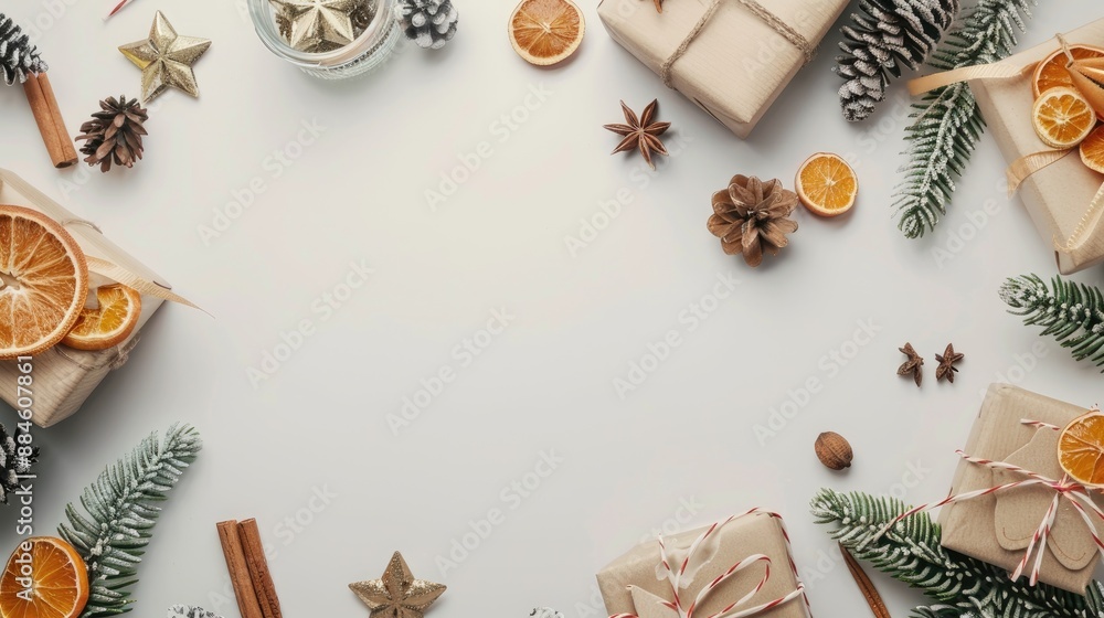 Create New Year s ambiance on white background with objects top view and space for text Create New Year s ambiance on white background with objects top view and space for text