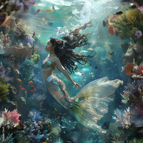 An enchanting underwater scene with a mermaid surrounded by colorful fish and corals.