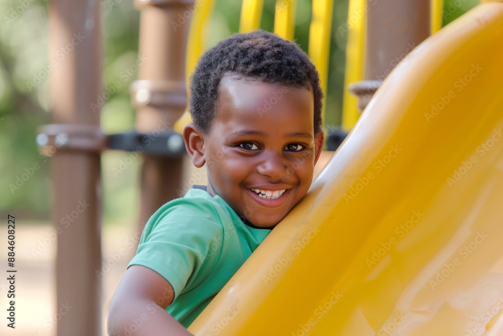 Portrait of a cute african american boy playing on a slide in the park Portrait of a cute african american boy playing on a slide in the park