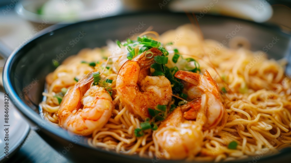 The national cuisine of Japan. Noodles with tiger prawns. The national cuisine of Japan. Noodles with tiger prawns.