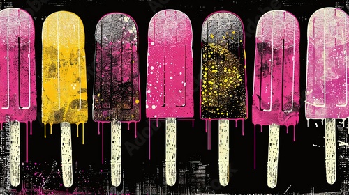   Popcicles with yellow, pink, and purple splatkles on black background photo