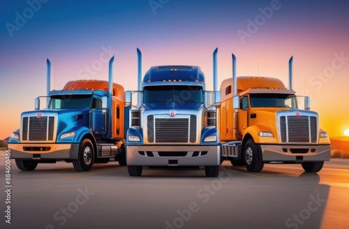 Three blue and orange trucks standing on the road at sunset. Front view.