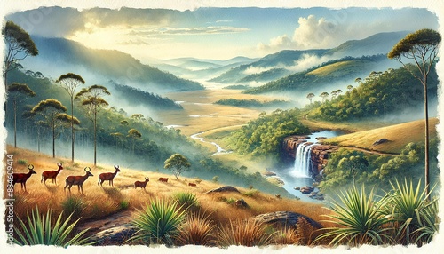 Watercolor of Horton Plains National Park in Sri Lanka with grasslands, cloud forests, and wildlife. photo