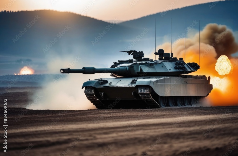 Close-up. A tank drives along a deserted road with dust and a window around it. Military, army concept. Close-up. A tank drives along a deserted road with dust and a window around it. Military, army concept.