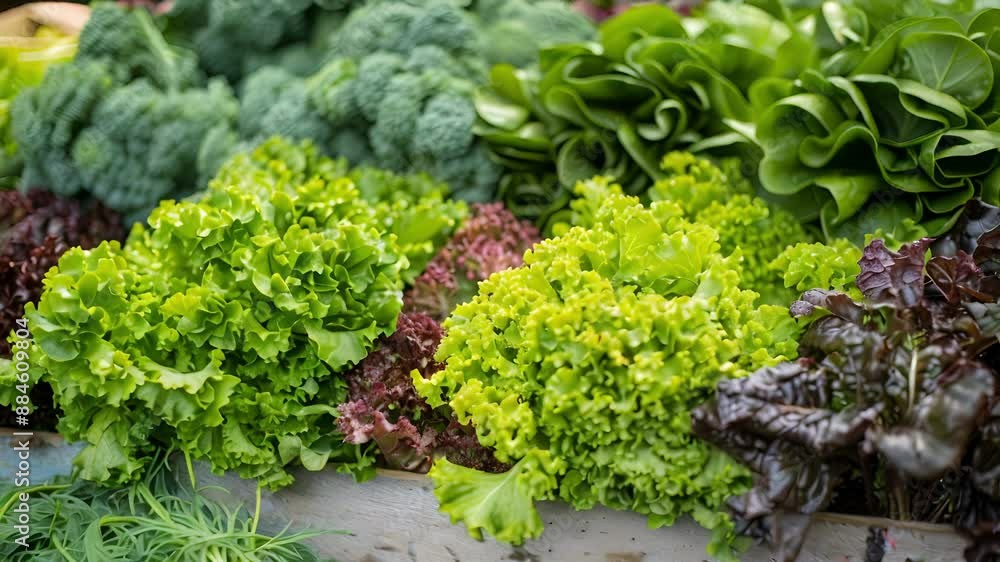 A vibrant display of leafy greens and herbs radiating freshness and health at a local farmers market. A vibrant display of leafy greens and herbs radiating freshness and health at a local farmers market.