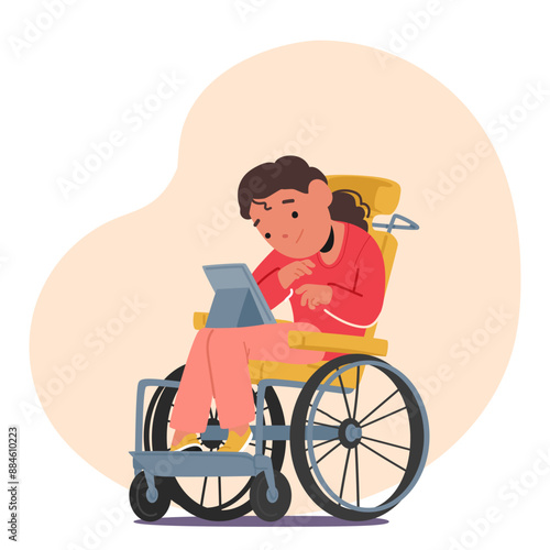 Special Needs Student Girl Using A Tablet While Seated In A Wheelchair. Cartoon Vector Image Highlights Education