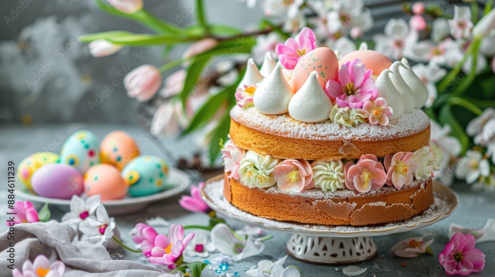 Tasty Easter cake topped with meringue and colorful eggs next to flowers Tasty Easter cake topped with meringue and colorful eggs next to flowers
