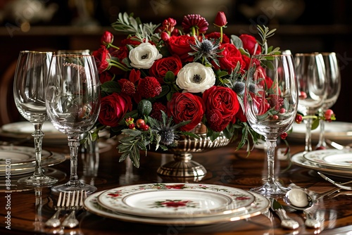 Elegant dining table set with red floral centerpiece and fine china.
