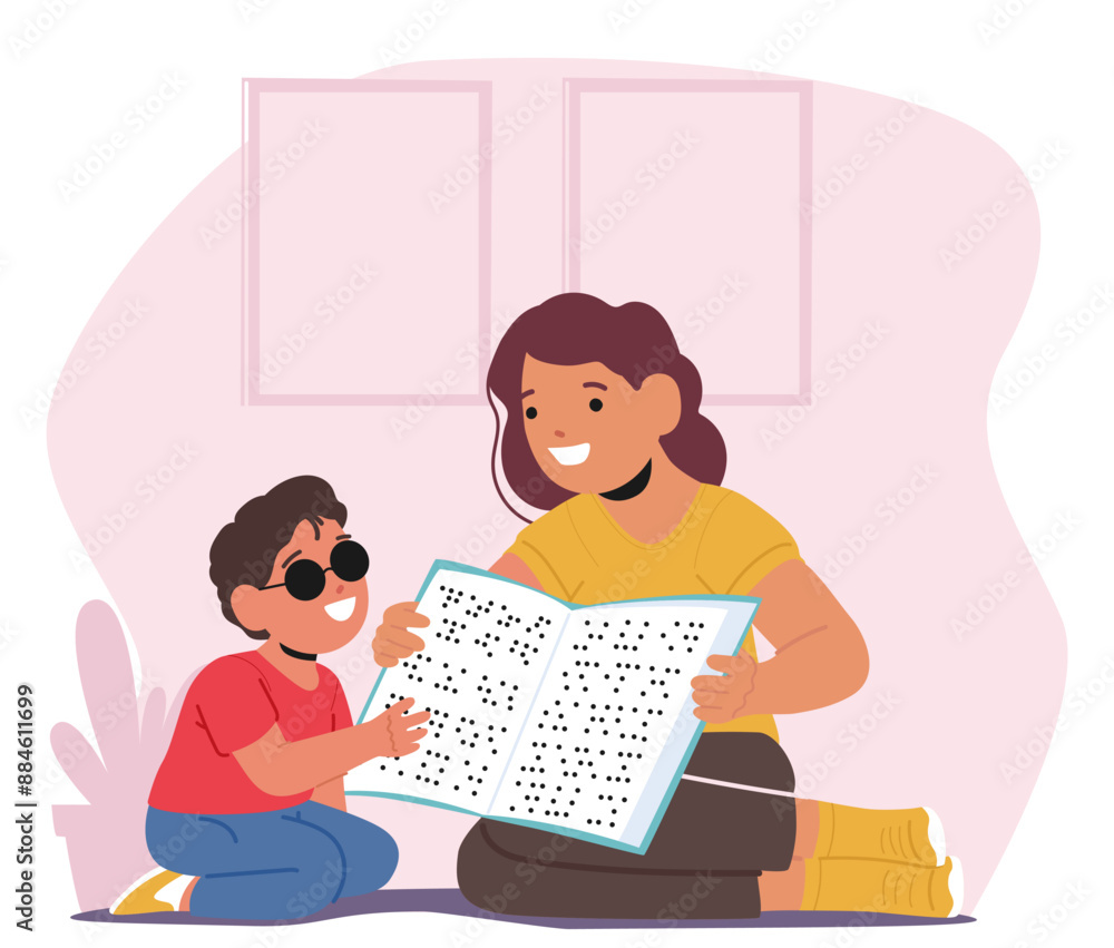 Special Needs Student Reading A Braille Book With A Teacher, Fostering Education And Inclusion, Cartoon Vector Scene Special Needs Student Reading A Braille Book With A Teacher, Fostering Education And Inclusion, Cartoon Vector Scene