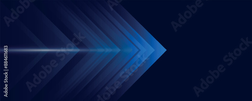 Abstract blue arrow glowing with lighting and line grid on blue background technology hi-tech concept