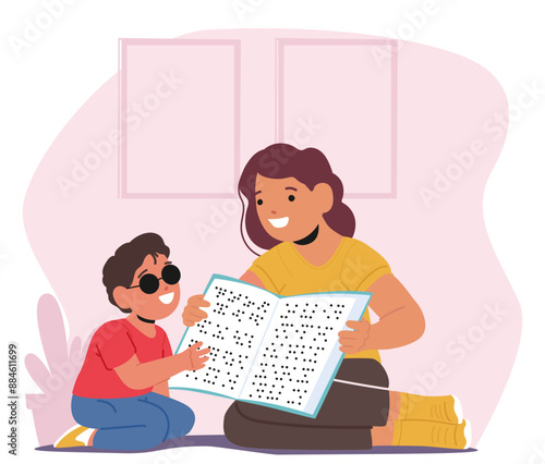 Special Needs Student Reading A Braille Book With A Teacher, Fostering Education And Inclusion, Cartoon Vector Scene