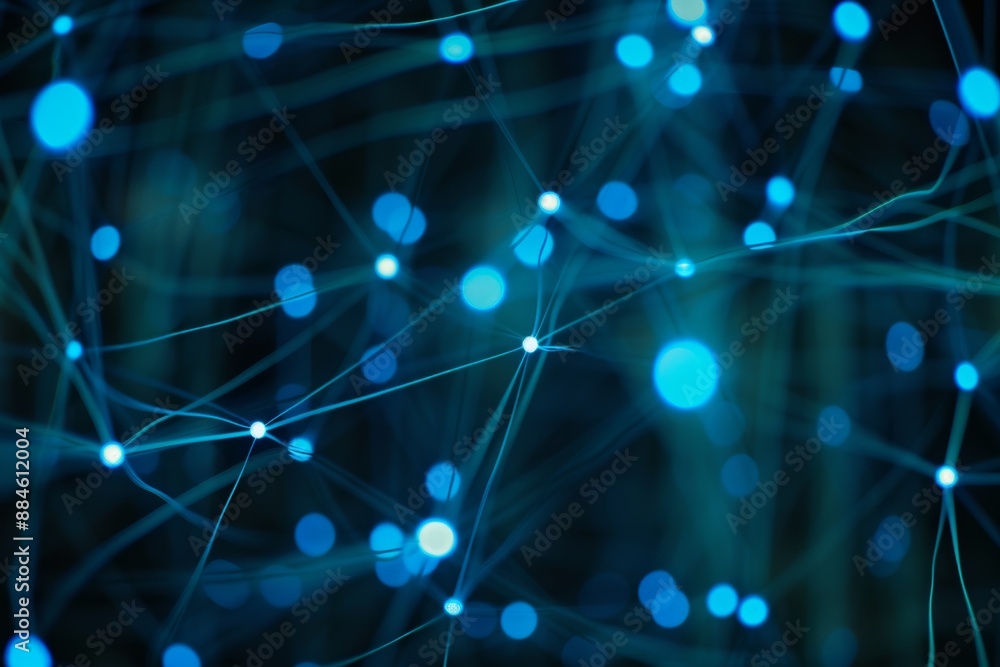 Glowing blue network of dots and lines. Futuristic tech concept with interconnected nodes on dark background. Glowing blue network of dots and lines. Futuristic tech concept with interconnected nodes on dark background.
