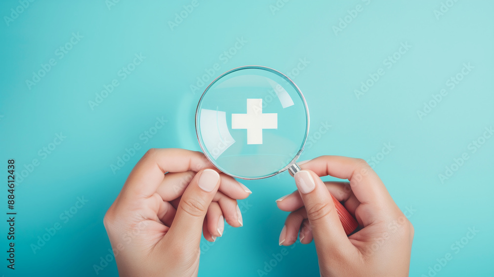 Medical icon with plus sign, magnifying glass held in beautiful woman's hand: health care concept, background with space for copy.医療アイコンにプラス記号の入った、美しい女性の手に持たれた虫眼鏡:健康ケアのコンセプト、コピー用スペース付き背景。Generative AI Medical icon with plus sign, magnifying glass held in beautiful woman's hand: health care concept, background with space for copy.医療アイコンにプラス記号の入った、美しい女性の手に持たれた虫眼鏡:健康ケアのコンセプト、コピー用スペース付き背景。Generative AI