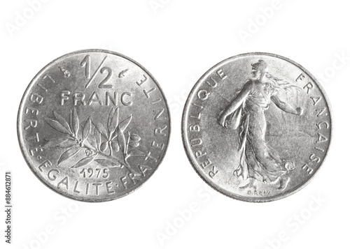 Isolated png photo of 1/2 French 1975 franc nickel coin of Fifth Republic 1959-2002 on transparent background.