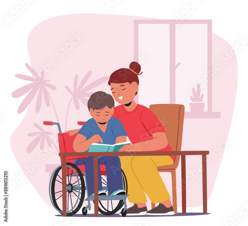 Teacher Or Mother Assisting A Student Boy In A Wheelchair With Homework. The Supportive And Encouraging Environment
