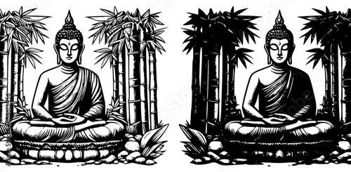 Two vector drawings of buddha figure sitting in bamboo forrest