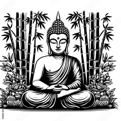 Buddha figure meditating in the bamboo forrest, vector drawing