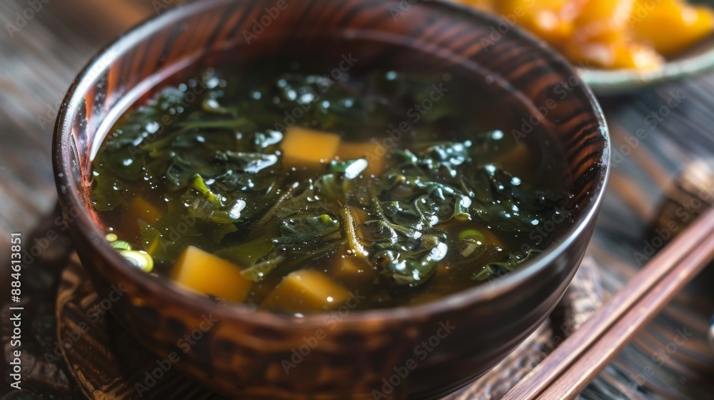 The national cuisine of Japan. Miso soup with brown or red algae. The national cuisine of Japan. Miso soup with brown or red algae.