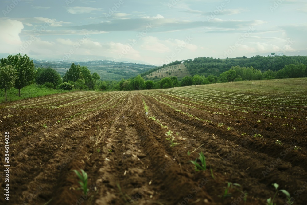 Serene landscape showcasing a freshly plowed field with young crops under a cloudy sky Serene landscape showcasing a freshly plowed field with young crops under a cloudy sky