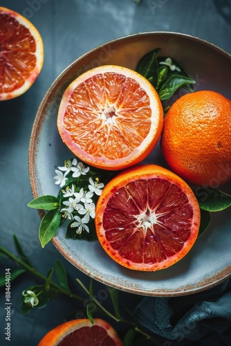 Fresh Sanguinelli Blood Orange in a bowl, Top View, Golden Ratio, Natural Light photo