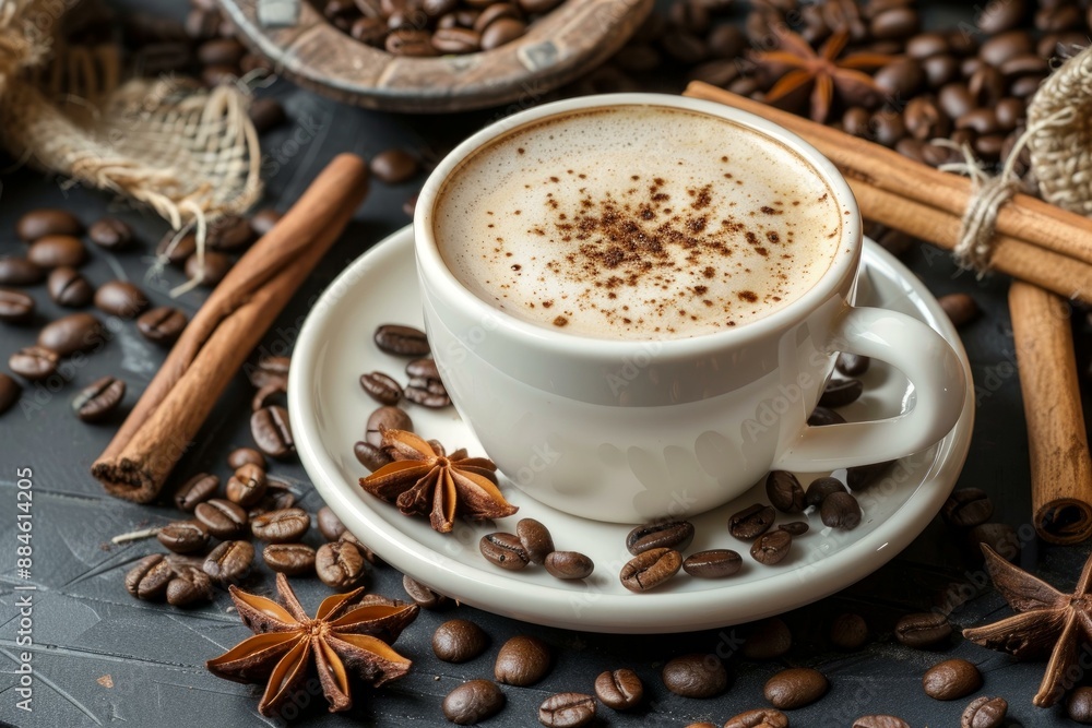 Cozy cappuccino with cinnamon, anise, and scattered coffee beans on dark background Cozy cappuccino with cinnamon, anise, and scattered coffee beans on dark background