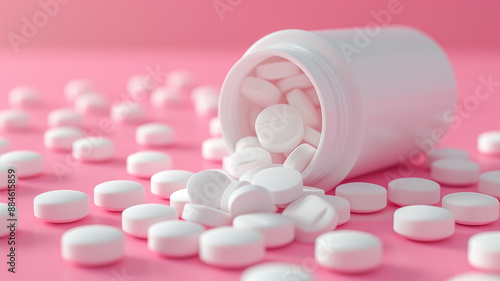3D rendering of pills from a white medicine bottle placed on a pink background, health care concept.ピンクの背景に置かれた白い薬瓶からの錠剤の3Dレンダリング、健康ケアの概念。Generative AI 