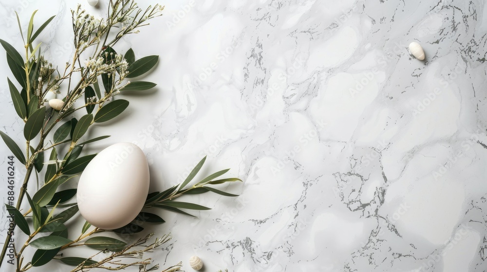 Elegant Easter concept with white egg and tropical branches on marble background Chic holiday greeting card with room for text Elegant Easter concept with white egg and tropical branches on marble background Chic holiday greeting card with room for text