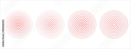 Set of red sound wave rings, of wavy lines, intermittent zigzag lines and dots . Rings with radial lines. Target icon, epicenter. Concentric vortex circles. Vector illustration on transparent