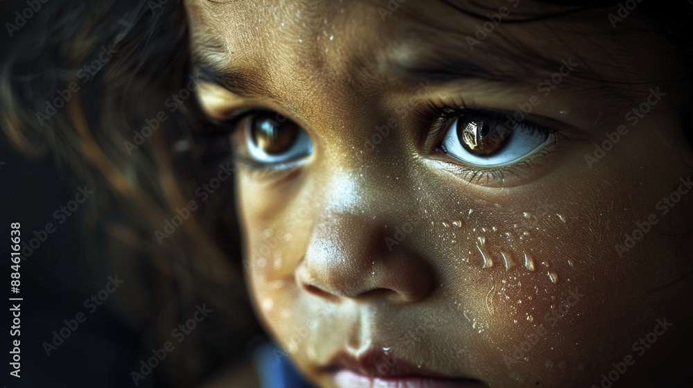 Portrait of a Tearful Child Looking Into the Distance with Sadness in Their Eyes Portrait of a Tearful Child Looking Into the Distance with Sadness in Their Eyes