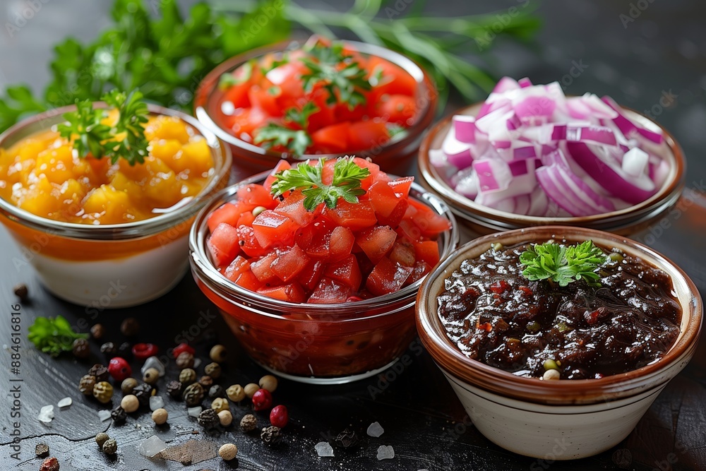 Five Bowls of Colorful Dips and Sauces on a Black Countertop Five Bowls of Colorful Dips and Sauces on a Black Countertop